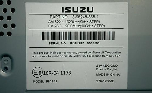 numero de serie d'un radio isuzu